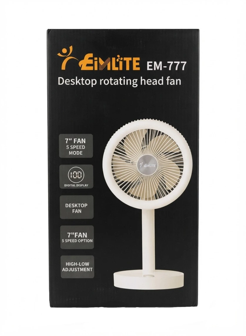EIMLITE DESKTOP ROTATING HEAD FAN: Eimlite Desktop Fan EM-777, 7 Inch Desk Fan, 5 Speed Personal Fan, Digital Display Table Fan, Oscillating Desktop Fan, Eimlite Rechargeable Fan, Compact Cooling Fan