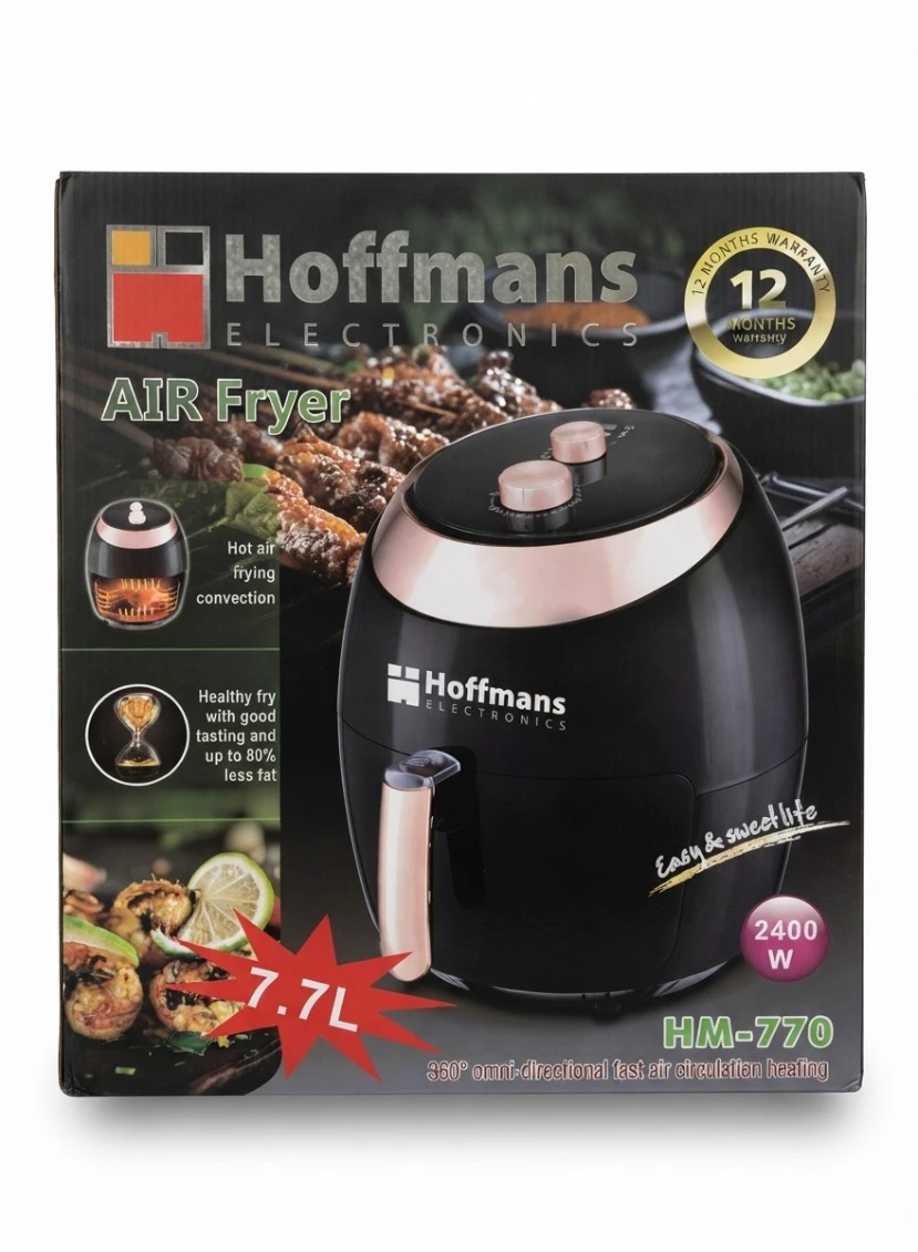 HOFFMANS AIR FRYER: Hoffmans Air Fryer HM-770, 7.7L Rose Gold Air Fryer, 2400W Healthy Convection Fryer, Low Oil Air Fryer, Black and Gold Countertop Fryer, Large Capacity Oil Free Cooker