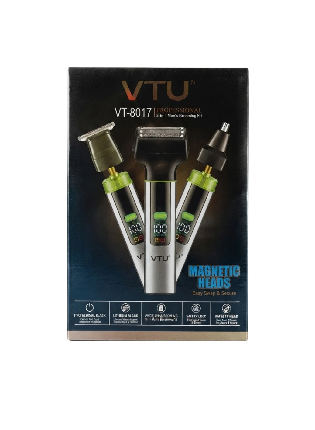 VTU PROFESSIONAL 5-IN-1 MEN'S GROOMING KIT: VTU Professional 5-in-1 Men's Grooming Kit VT-8017, Magnetic Head Beard Trimmer, Electric Foil Shaver, Nose Hair Trimmer, Cordless LED Grooming Kit, Men's C