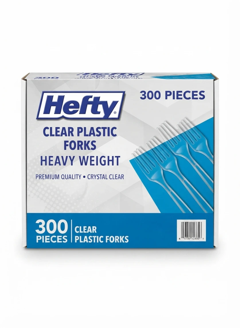 HEFTY HEAVYWEIGHT CLEAR PLASTIC CUTLERY SET (300 COUNT):  Disposable Utensils Bulk, Catering Supplies, Party Cutlery Pack, Heavy Duty Plastic Forks, Office Pantry Essentials, Everyday Plastic Cutlery,