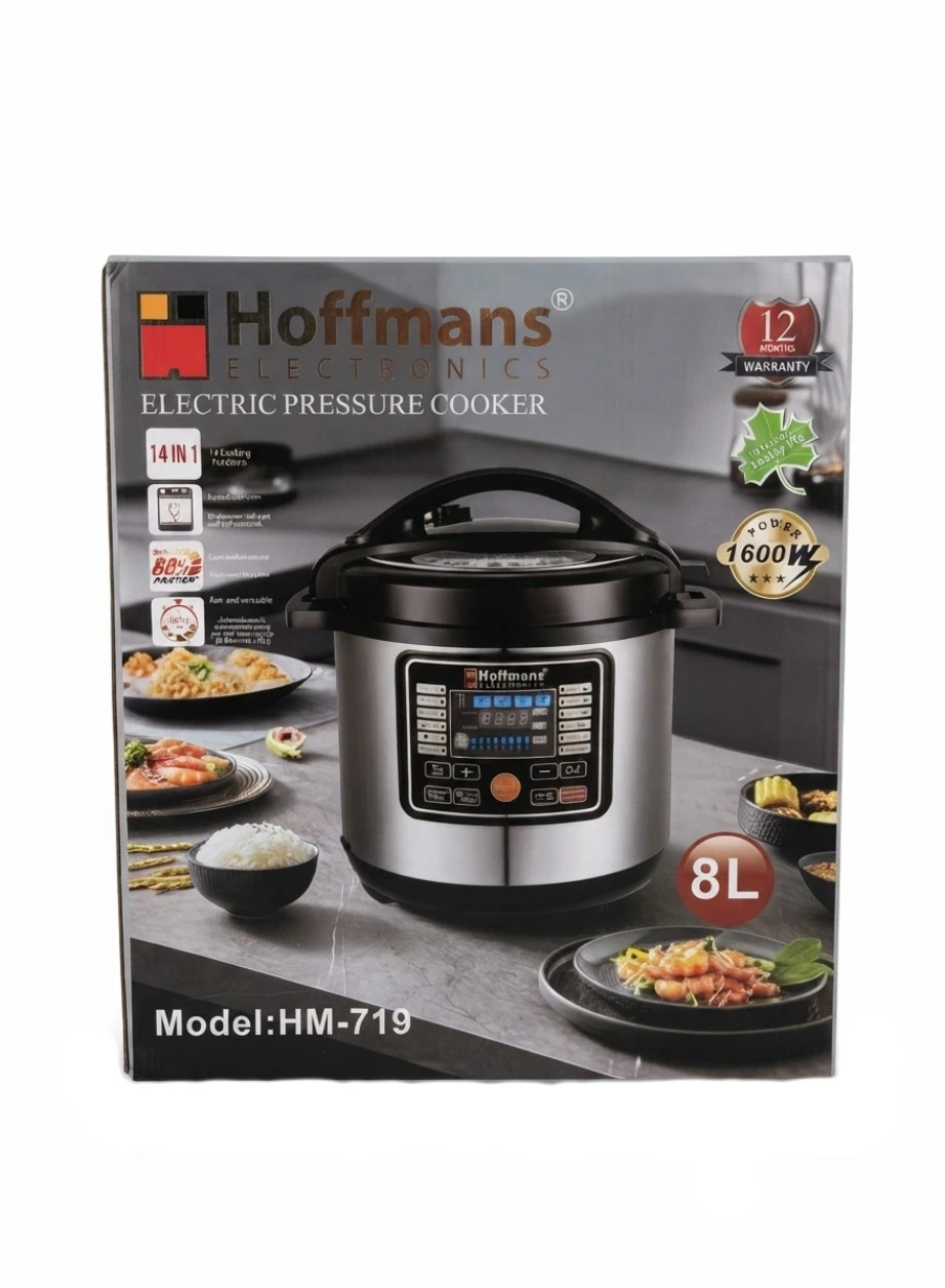HOFFMANS ELECTRIC PRESSURE COOKER: Hoffmans Electric Pressure Cooker HM-719, 8L High Capacity Pressure Cooker, 1600W Digital Multicooker, 14-in-1 Electric Pressure Pot, Fast Cooking Appliance, Stainle