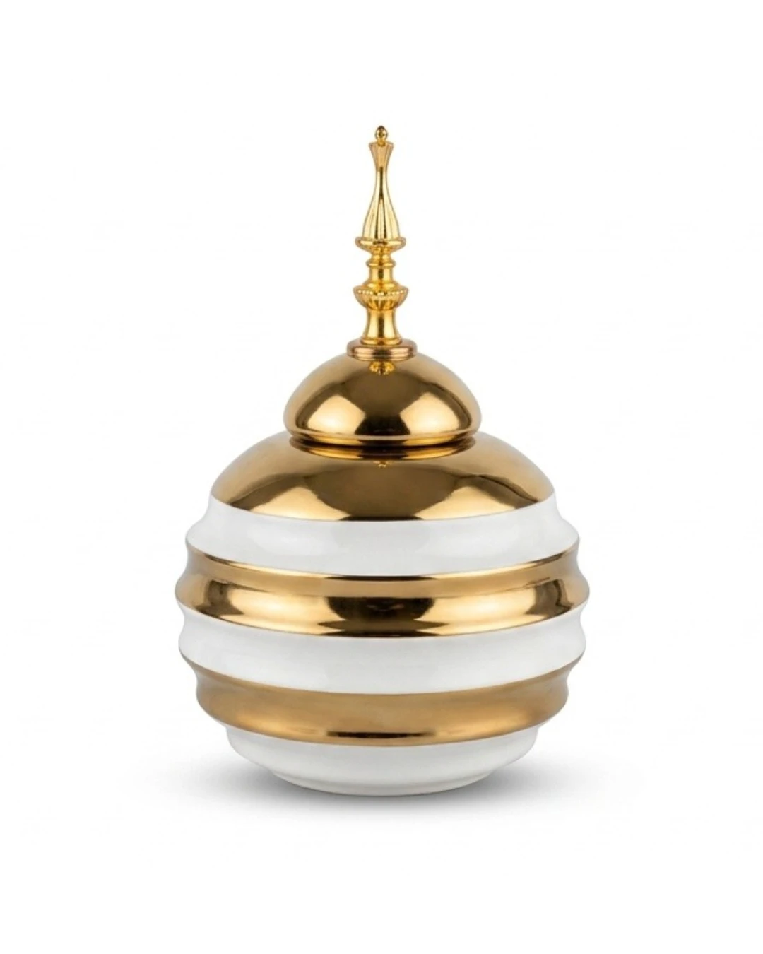 LUXURY GOLDEN STRIPED CERAMIC TEMPLE JAR: Luxury Golden Striped Ceramic Temple Jar, Gold Temple Jar, Striped Ceramic Jar, Decorative Jar with Lid, Luxury Ginger Jar, Gold and White Decor,Table Centerp