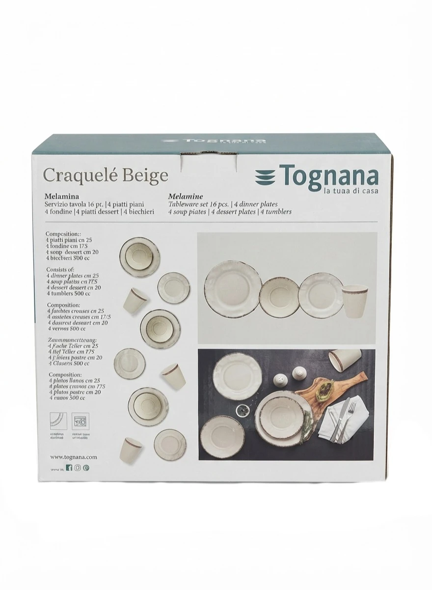 TOGNANA CRAQUELÉ BEIGE MELAMINE TABLEWARE SET: Tognana Tableware Set, Craquele Beige Melamine, 16 Piece Dinner Set, Shatterproof Plates, Outdoor Dining Set, Melamine Dishware