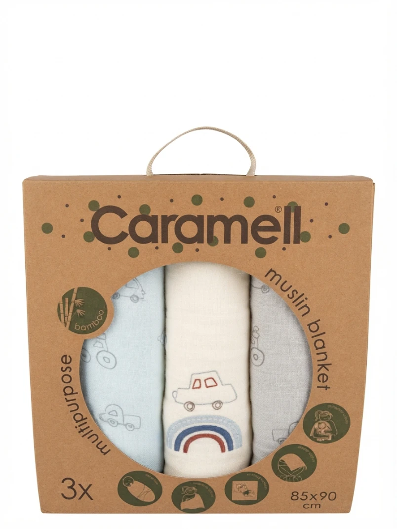 CARAMELL 3-PIECE MULTIPURPOSE BAMBOO MUSLIN BLANKET SET: Caramell, Baby Muslin Blanket, Bamboo Blanket, Multipurpose Blanket, Baby Swaddle, Baby Bedding, Car and Rainbow Theme, Baby Essentials, Breath