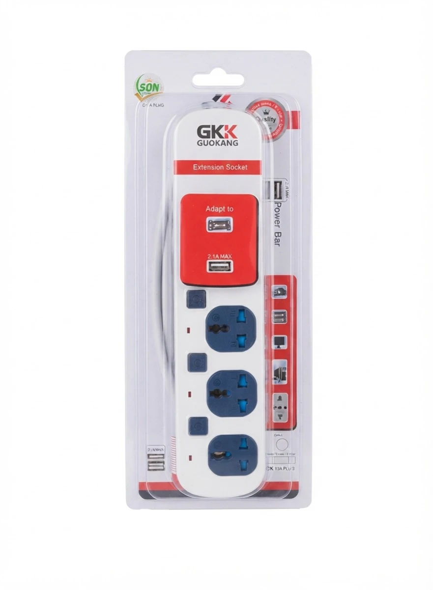 GKK GUOKANG EXTENSION SOCKET WITH USB: GKK Guokang Extension Socket, 3 Way Power Bar, USB Extension Board, 2.1A USB Socket, 13A Extension Lead, Universal Power Strip