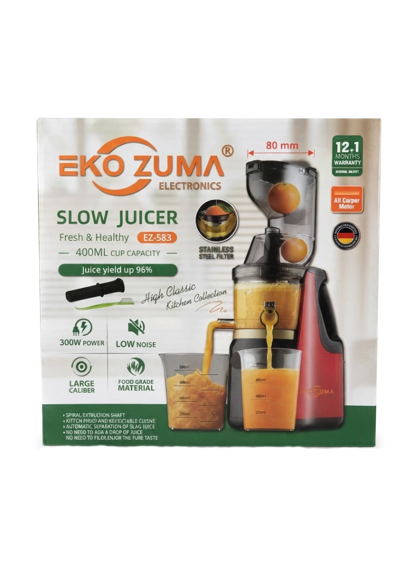 EKO ZUMA SLOW JUICER: Masticating Juicer, Wide Feed Chute Juicer, 80mm Juicer, 300W Slow Juicer, Fruit and Vegetable Juicer, Nutrient Extractor, Pure Juice Machine, Stainless Steel Filter Juicer, Low 