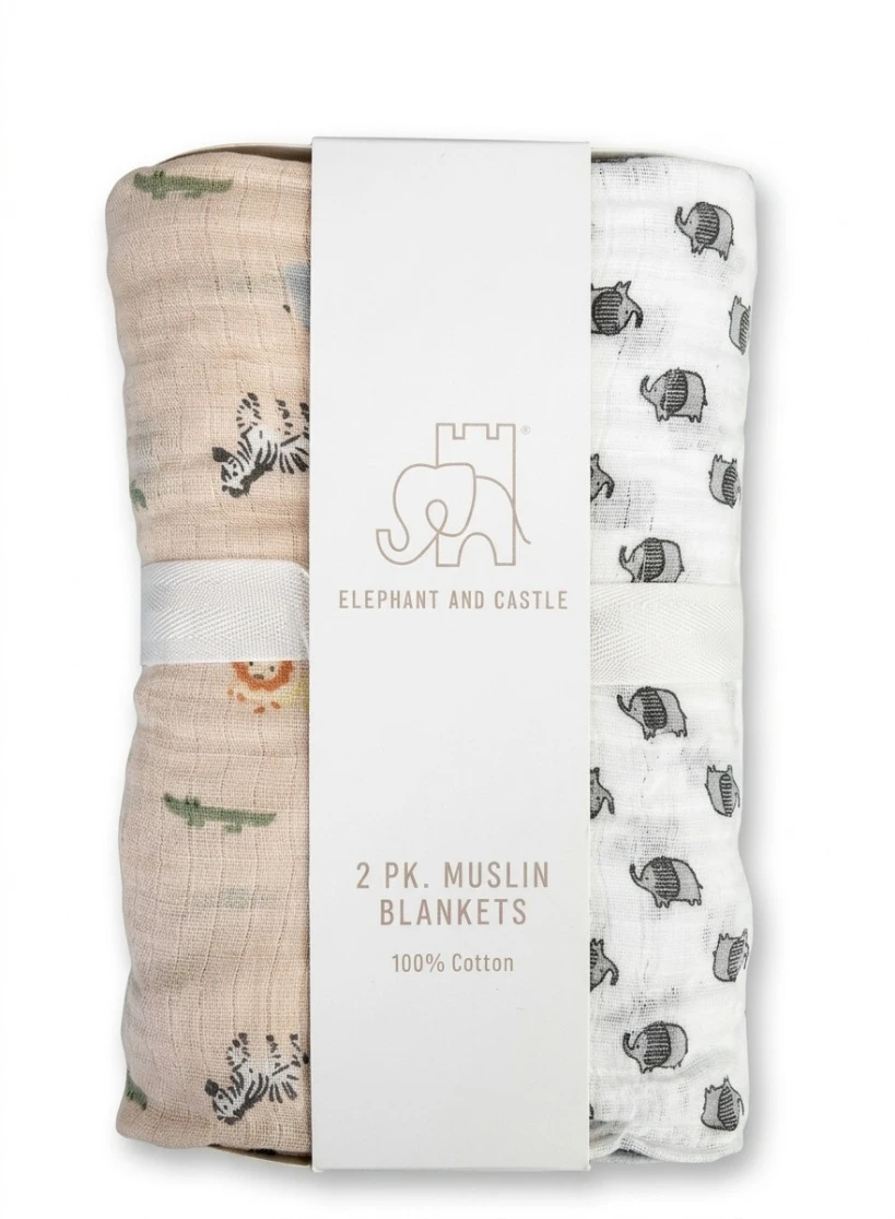 ELEPHANT AND CASTLE 100% COTTON MUSLIN BLANKETS (2-PACK): Elephant and Castle Blankets, Muslin Swaddle 2 Pack, Cotton Baby Blankets, Safari Muslin Blanket, Elephant Baby Blanket