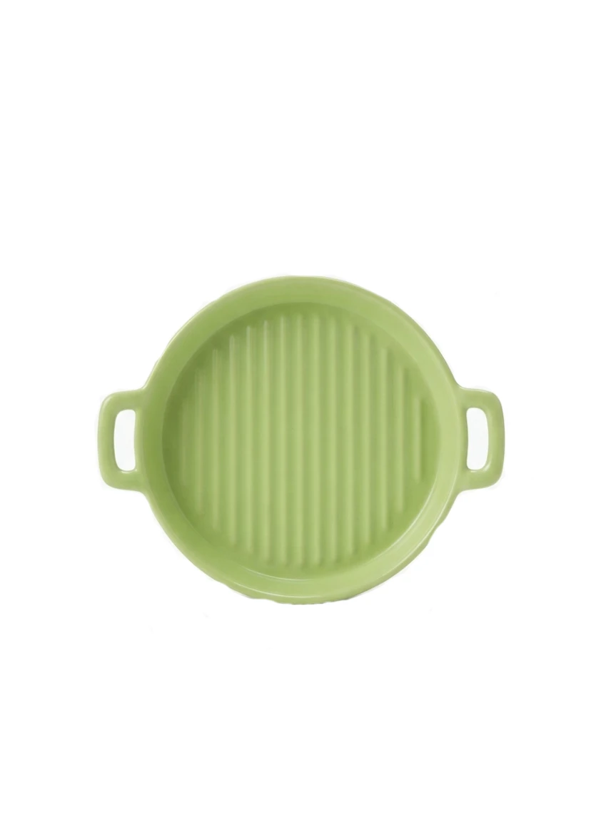 ROUND CERAMIC GRILL PLATE SET: Ceramic Grill Plate, Round Baking Dish with Handles, Pastel Ceramic Baking Pan, Oven to Tableware, Ridged Grill Pan, Ceramic Baking Dish Set, Dual Handle Serving Plate, 