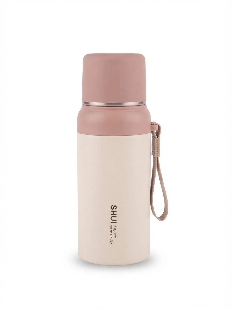 SHUI DUAL-TONE VACUUM INSULATED STAINLESS STEEL FLASK WITH CUP LID: Shui Vacuum Insulated Flask, Dual Tone Stainless Steel Thermos, Cream and Dusty Rose Thermal Flask, Insulated Travel Bottle with Cup