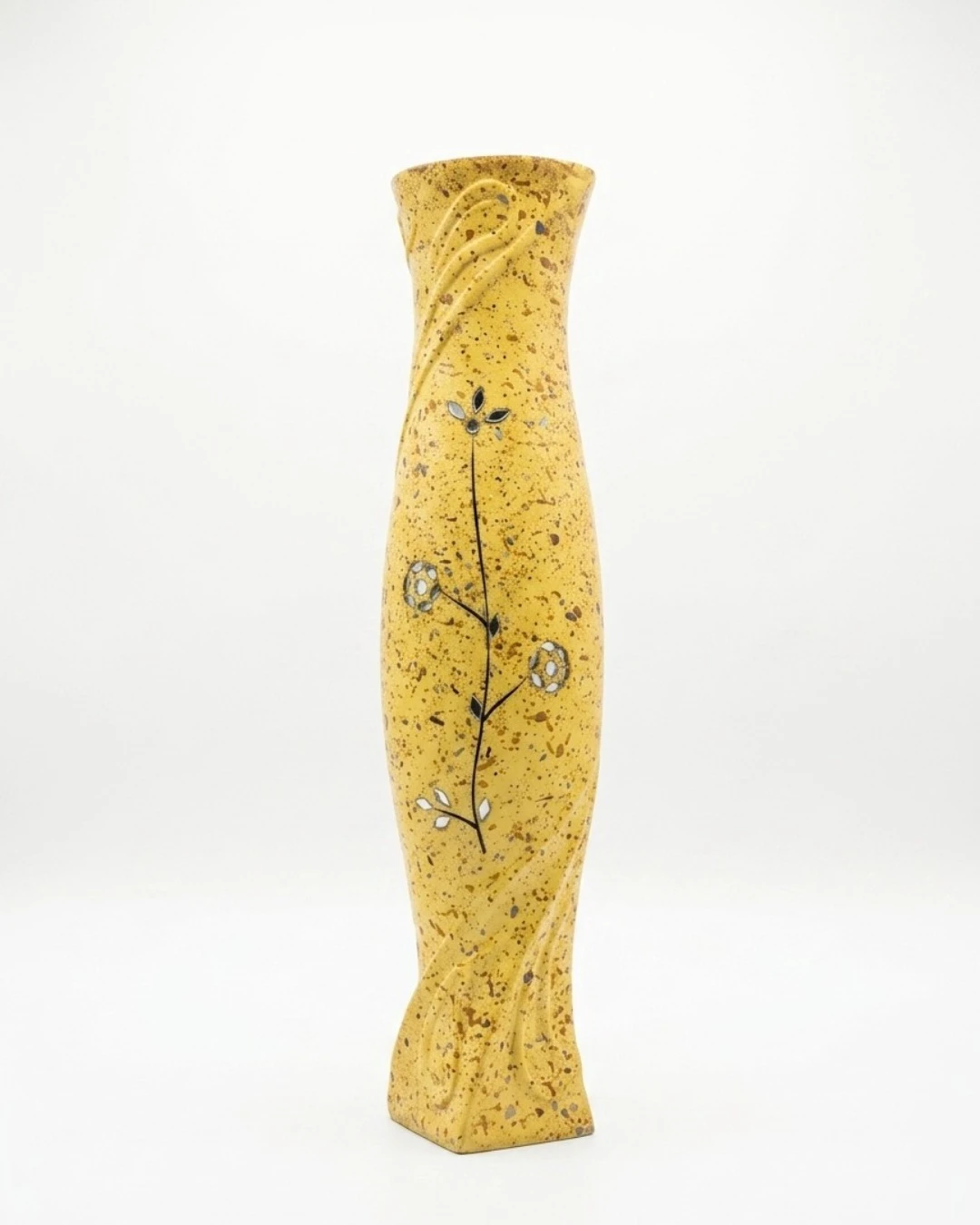 WOODEN FLOWER VASE (TERRAZZO SUNBURST): Wooden Flower Vase Terrazzo Sunburst, Yellow Speckled Wood Vase, Inlaid Mirror Flower Vase, Modern Carved Wooden Decor, Eclectic Accent Vase, Bright Table Cente