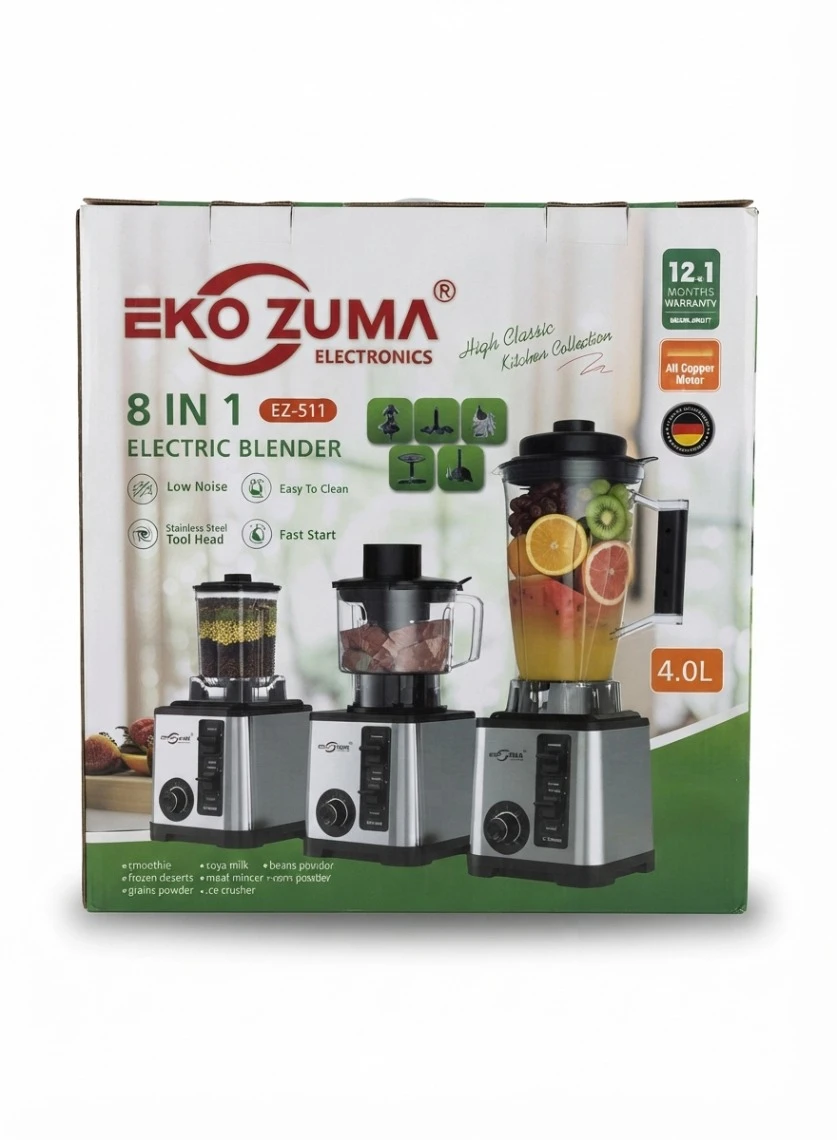 EKO ZUMA 8-IN-1 ELECTRIC BLENDER & FOOD PROCESSOR: EKO ZUMA 8 in 1 Electric Blender EZ-511, 4.0L Commercial Capacity Blender, Food Processor and Meat Mincer, Heavy Duty Grain Grinder, All Copper Motor