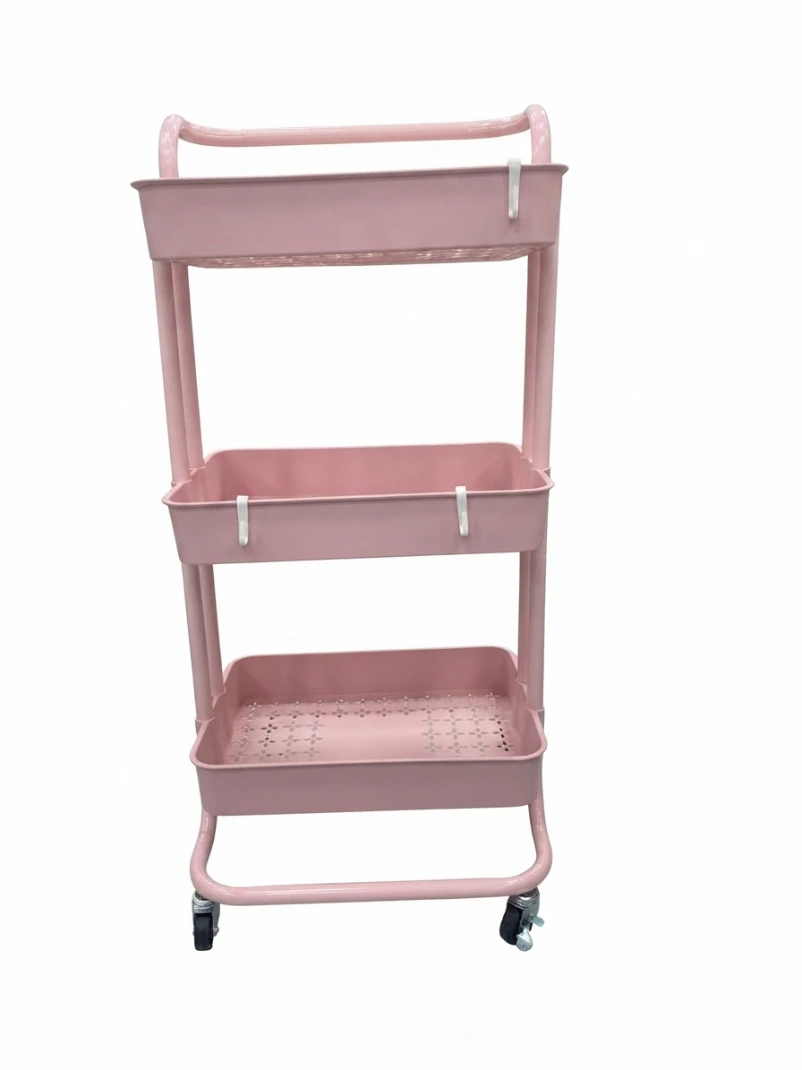 3-TIER PINK MULTIFUNCTIONAL STORAGE RACK: Pink Utility Cart, Rolling Storage Trolley, 3-Tier Organizer Rack, Kitchen Storage Cart, Multipurpose Trolley, Bathroom Storage Rack, Metal Utility Cart, Spac