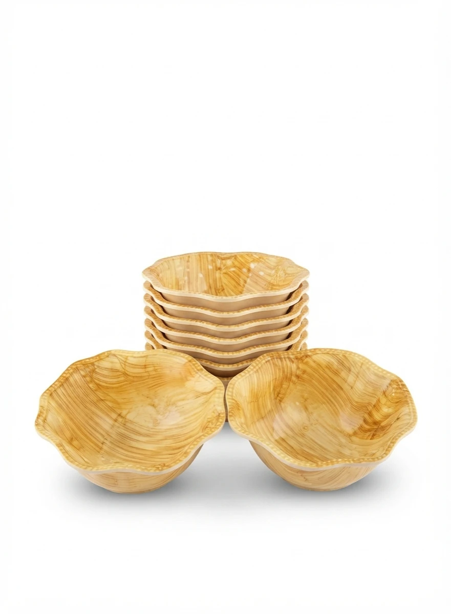FAUX WOOD -GRAIN SCALLOPED: Wood Grain Bowls, Scalloped Bowls, Rustic Dinnerware, Natural Aesthetic Bowl, Golden Amber Bowls, Flower Shaped Bowl, Kitchen Serveware, Salad Bowls, Soup Bowls, Decorative