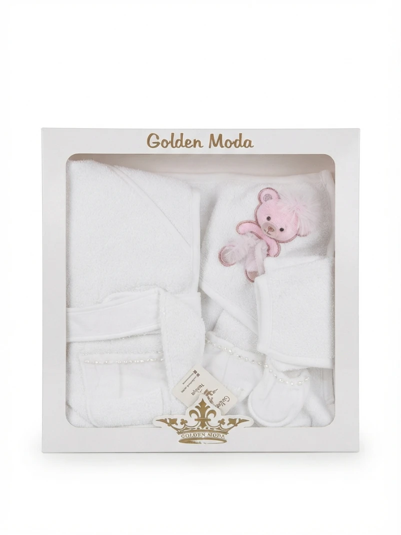 GOLDEN MODA LUXURY BABY GIFT SET: Golden Moda, Baby Gift Set, Newborn Gift Box, Pink Teddy Bear Collection, Luxury Baby Textiles, Baby Bath and Bedding, Infant Care Essentials, Baby Shower Present, So