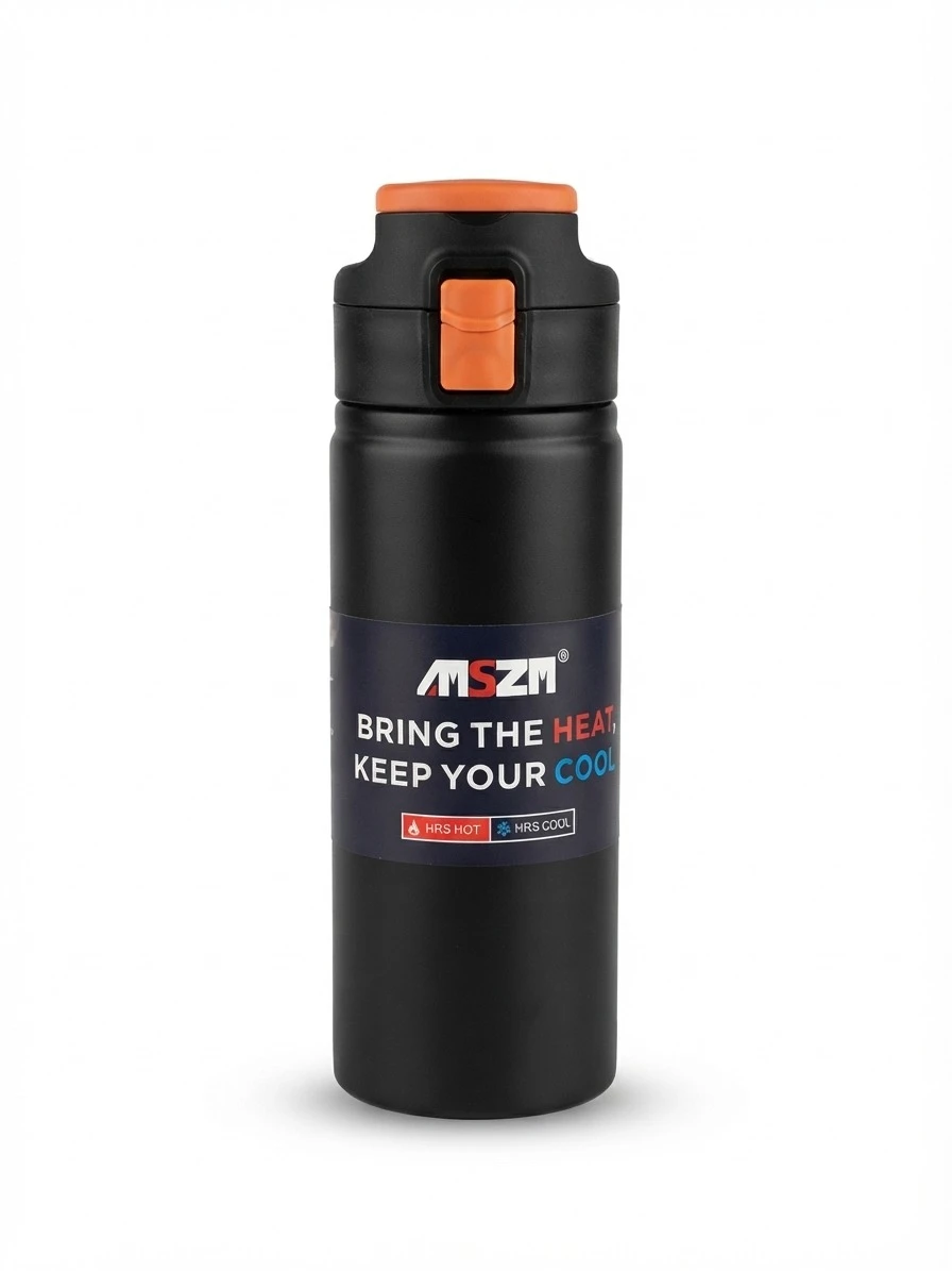 MSZM STAINLESS STEEL VACUUM THERMOS FLASK WITH QUICK-FLIP LID: MSZM Vacuum Thermos Flask, Matte Black Stainless Steel Bottle, Insulated Travel Flask, Hot and Cold Vacuum Bottle, MSZM One Touch Sport B