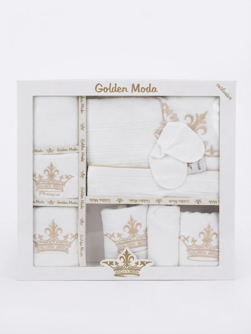 GOLDEN MODA EXCLUSIVE PRINCE BABY GIFT SET: Golden Moda, Baby Gift Set, Prince Baby Collection, Newborn Gift Box, Luxury Baby Textiles, Baby Clothes and Accessories, Gold Crown Embroidery, Baby Shower