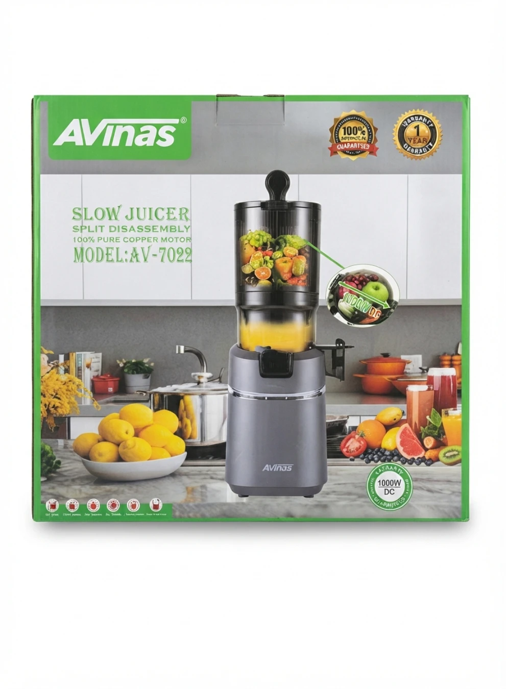 AVINAS SLOW JUICER COLD PRESS EXTRACTOR: Slow Juicer, Cold Press Juicer, Masticating Juicer, 1000W Slow Juicer, Pure Copper Motor Juicer, Fruit Juicer Machine, Vegetable Extractor, Healthy Living, Kit