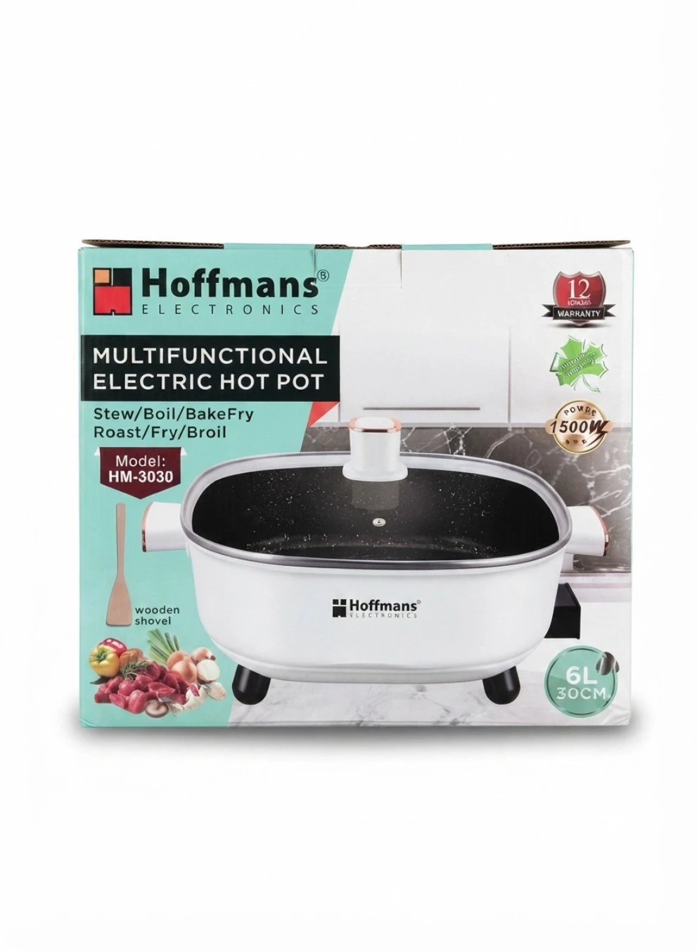 HOFFMANS MULTIFUNCTIONAL ELECTRIC HOT POT: Hoffmans Electric Hot Pot HM-3030, 6L Multifunctional Electric Skillet, 1500W Tabletop Hot Pot, 30cm Electric Frying Pan, Stew and Roast Electric Cooker, Non