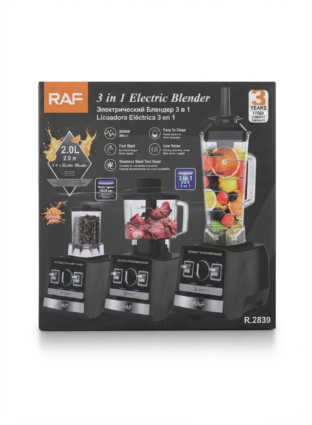 RAF 3-in-1 ELECTRIC BLENDER & FOOD PROCESSOR :  2800W Blender, High Speed Blender 25000 RPM, Food Processor Set, Meat Chopper, Spice Grinder Cup, Coffee Grinder, Smoothie Maker, Kitchen Appliances, El