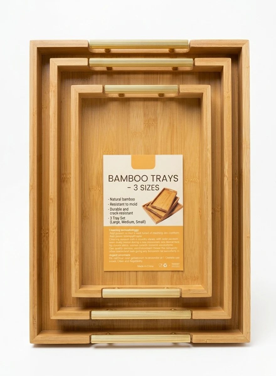 3-PIECE BAMBOO NESTING SERVING TRAY SET WITH GOLD HANDLES: Bamboo Tray, Serving Tray, Gold Vase, Modern Home, Interior Styling, Coffee Table, Home Organization, Tray Set, Kitchenware