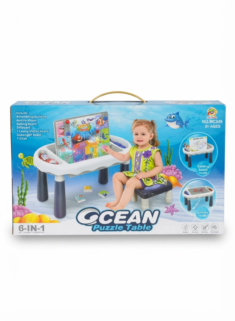 6-IN-1 OCEAN PUZZLE TABLE AND ACTIVITY CENTER: 6-in-1 Puzzle Table Kids Activity Table Ocean Theme Playroom Furniture for Kids Gift for Toddlers Kids Storage Stool Interactive Play Center