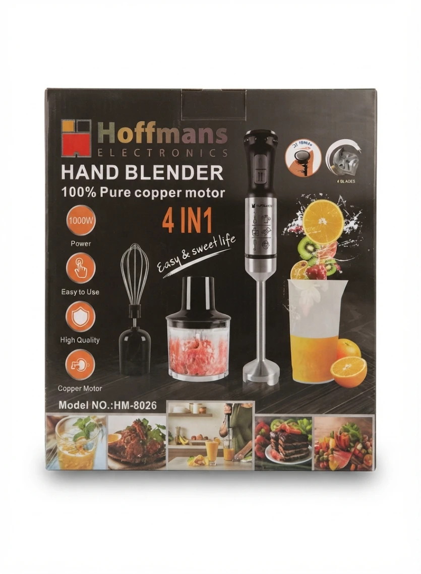 HOFFSMAN 4-IN-1 HAND BLENDER SET: Immersion Hand Blender, Stick Blender Set, 1000W Copper Motor Blender, Electric Food Chopper, Stainless Steel Whisk, Electric Hand Mixer, Baby Food Purée Blender, Sou