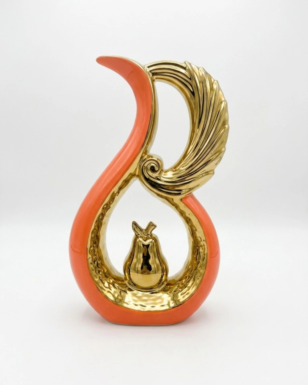 ABSTRACT CERAMIC SCULPTURE (PEAR IN RING): Abstract Ceramic Sculpture, Coral Orange Figurine, Gold Pear Sculpture, Modern Art Table Decor, Vibrant Ceramic Decor, Luxury Living Room Centerpiece, Contem