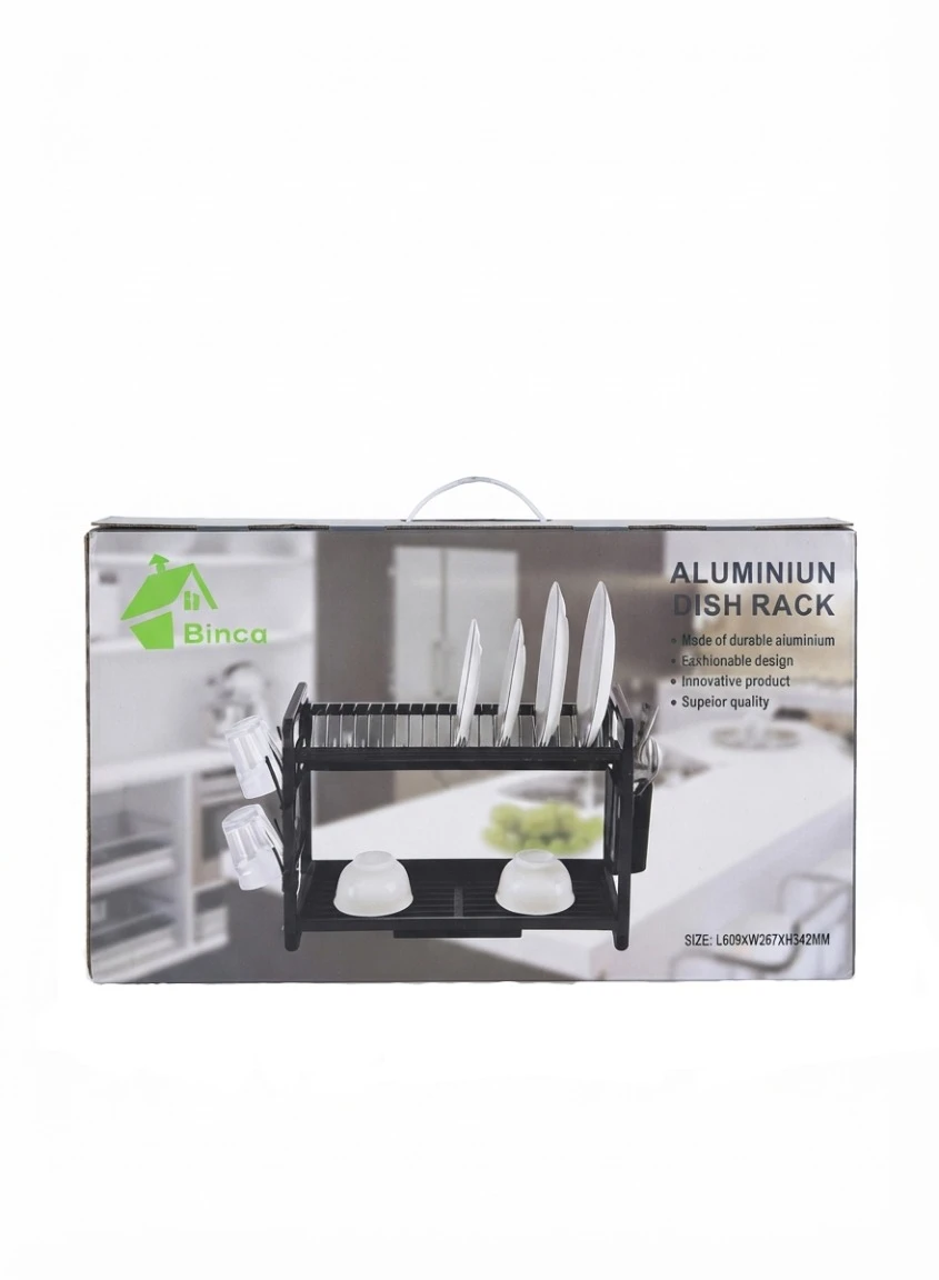 BINCA ALUMINIUM DISH RACK (2-TIER): Binca Aluminium Dish Rack, 2 Tier Black Dish Drainer, Rust Free Aluminium Plate Rack, Modern Kitchen Counter Organizer, Black Metal Dish Drying Rack, Binca Kitchen 