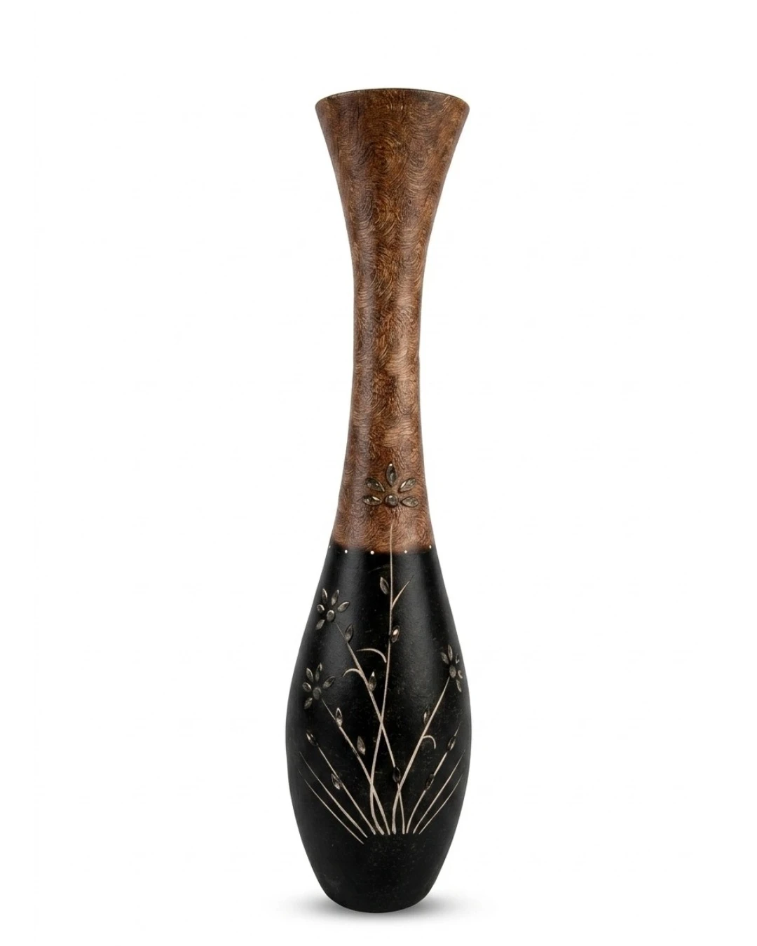 CERAMIC FLOWER VASE (MIDNIGHT BOTANICAL): Ceramic Flower Vase Midnight Botanical, Black and Wood Tone Ceramic Vase, Carved Inlaid Floral Vase, Luxury Teardrop Vase, Tall Botanical Decorative Vessel, M