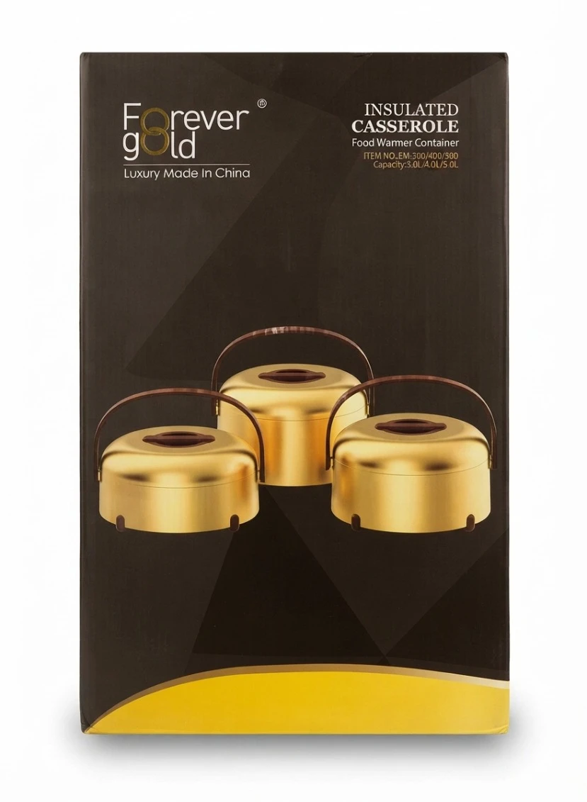 FOREVER GOLD INSULATED CASSEROLE SET WITH HANDLES: Forever Gold Insulated Casserole EM-300 400 500, Gold Food Warmer Pot, Metallic Gold Hot Box Set, Large Capacity Insulated Serving Set, Portable Ther